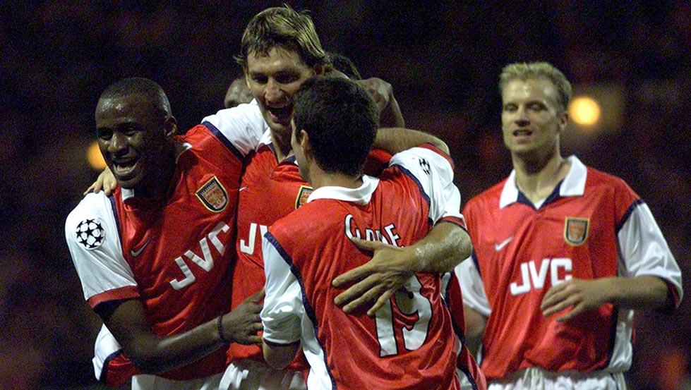 ARSENAL’S TONY ADAMS CELEBRATES HIS GOAL.