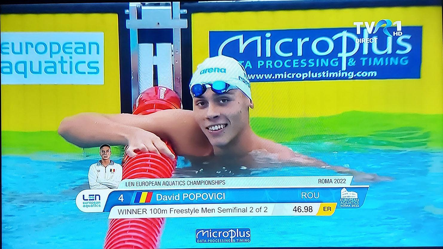 David Popovici s-a impus lejer în a doua semifinală europeană la 100 m liber, cu un avans de peste o secundă față de al doilea clasat, italianul Lorenzo Lazzari